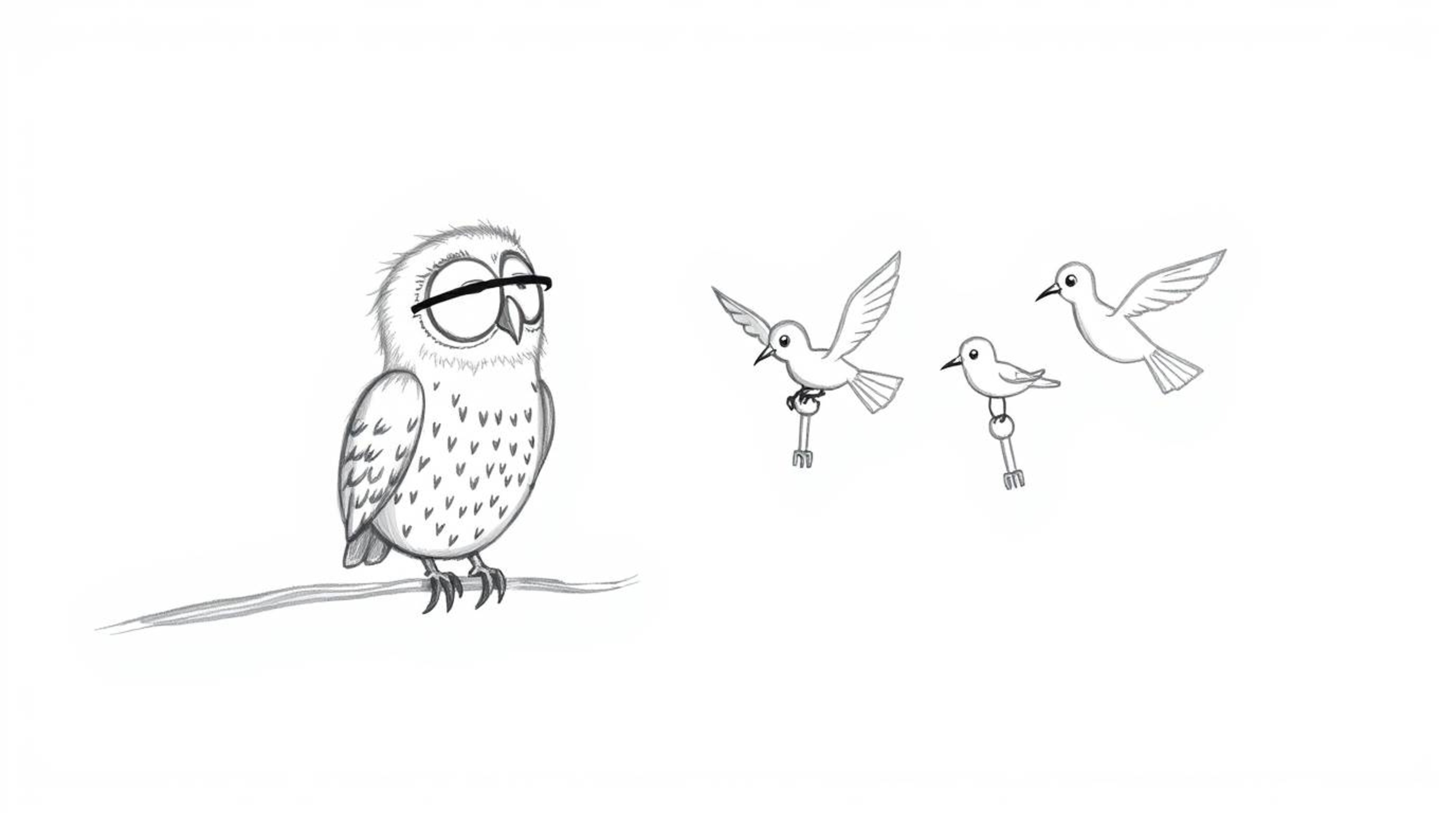 A heartwarming, hand-drawn sketch reminiscent of Pixar, showcases a determined blind owl mentoring birds to fly.  Using whims