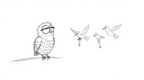 A heartwarming, hand-drawn sketch reminiscent of Pixar, showcases a determined blind owl mentoring birds to fly.  Using whims