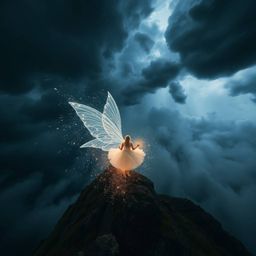 Experience a dramatic high-angle perspective of a fairy godmother emerging from a swirl of sparkles amidst a stormy sky. This