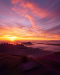 A dynamic, high-contrast image depicting a Tuscan sunset over misty hills, with blurred lines, action poses, and vivid deep u