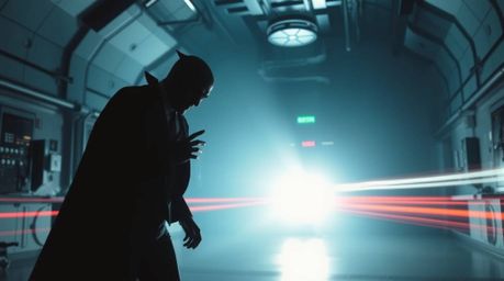 A captivating long exposure photograph showcases a silhouetted villain experiencing a funny breakdown within a high-tech lair