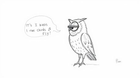 A heartwarming, hand-drawn sketch in the style of Pixar depicts a blind owl, rendered with textured pencil strokes, passionat
