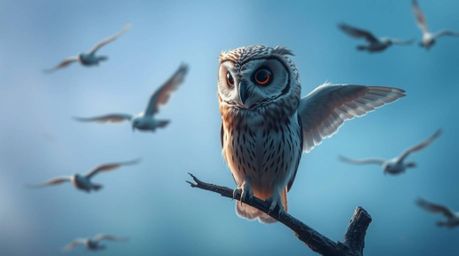 A visually stunning image depicting a blind owl, rendered in a Pixar-esque style with warm brown feathers, patiently teaching