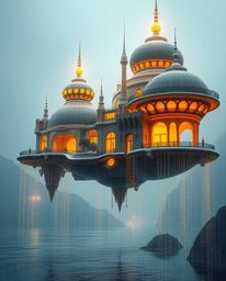 Explore a mesmerizing surreal floating island featuring radiant, luxurious architecture and peculiar forms, all immersed in a