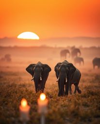 This is a dreamy, warm-toned image of elephants walking across a field at sunset. The scene is uniquely bathed in the soft gl
