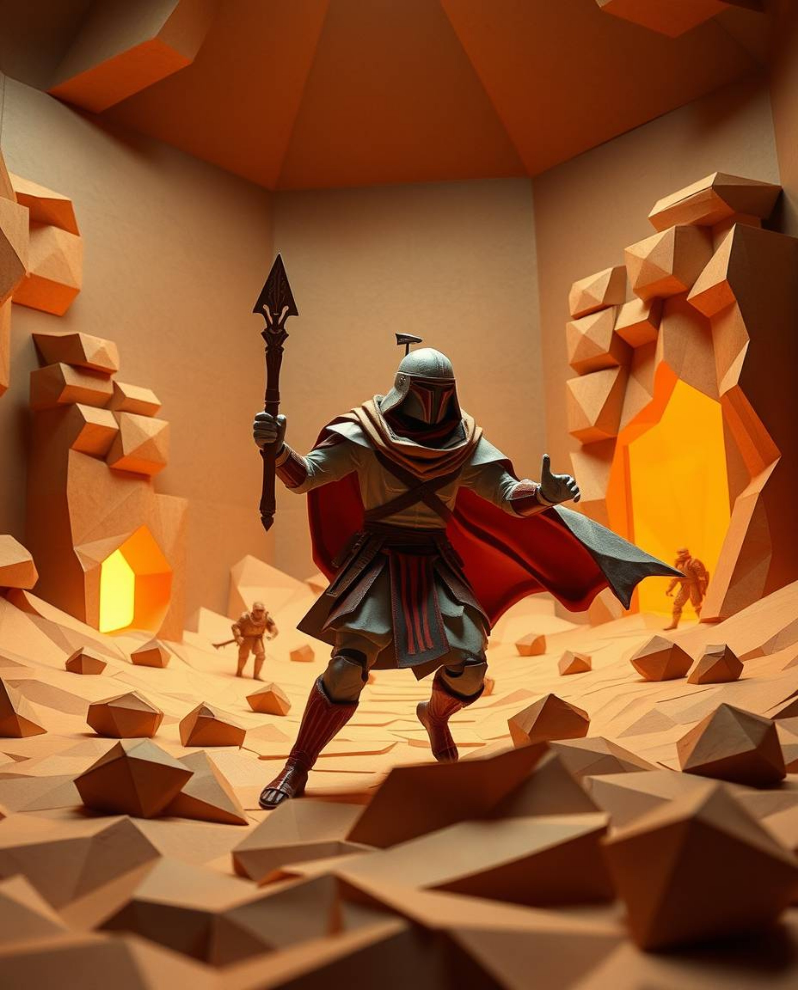 Embark on a grand Disney-style desert adventure with a brave hero rendered in intricate origami style, showcasing a modern fu