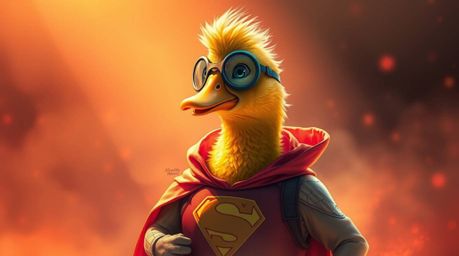 A captivating digital painting depicts a duck clad in a zany superhero costume, bathed in warm, ethereal light, creating a my