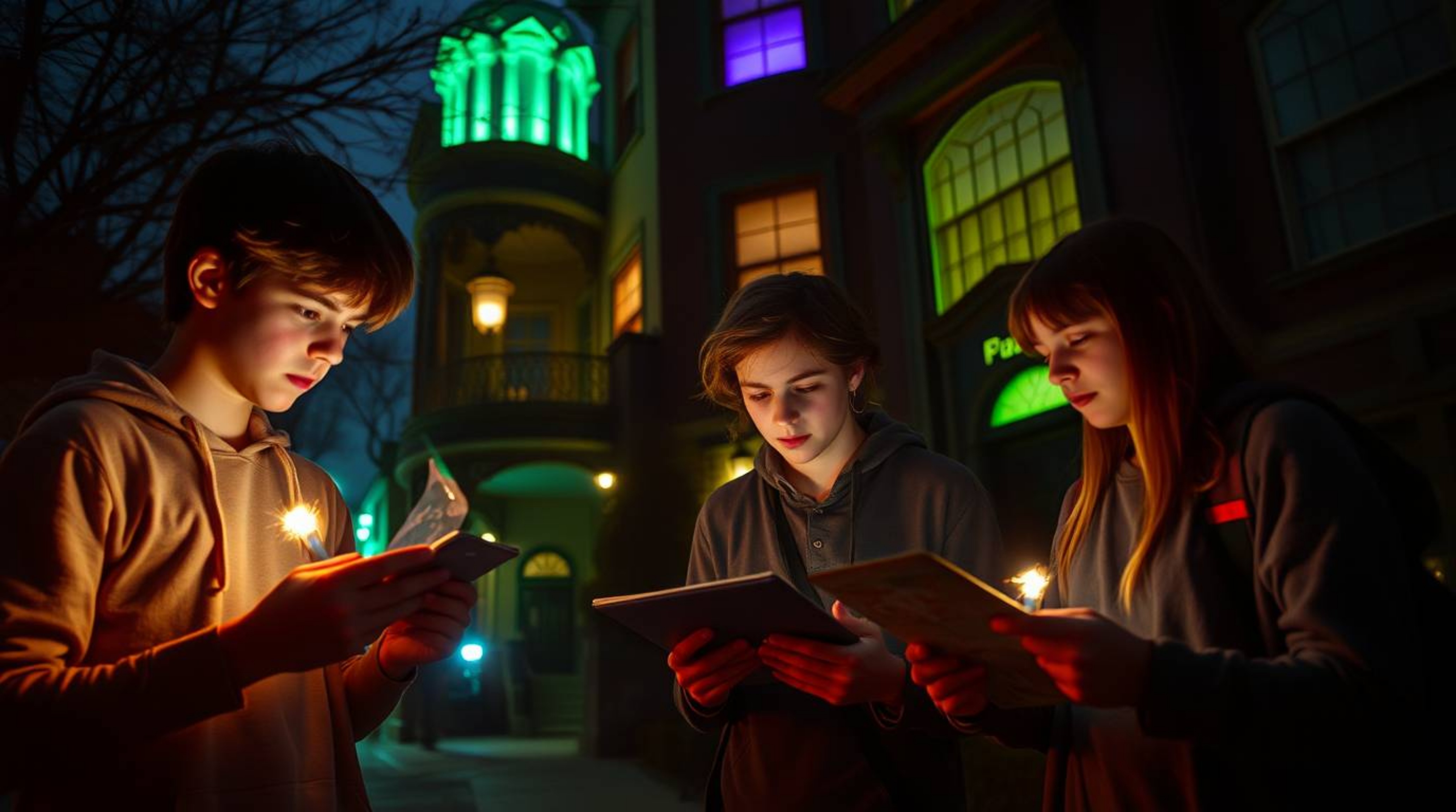 A captivating street photograph depicts a group of teenagers unraveling a mystery within a hauntingly beautiful, bioluminesce