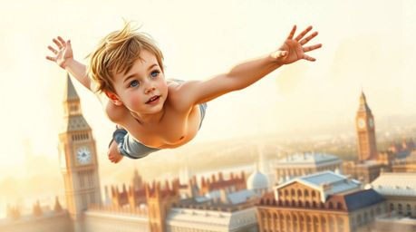 A delicate watercolor painting depicts a young boy with soft, almost translucent features and fair skin, gracefully flying ab