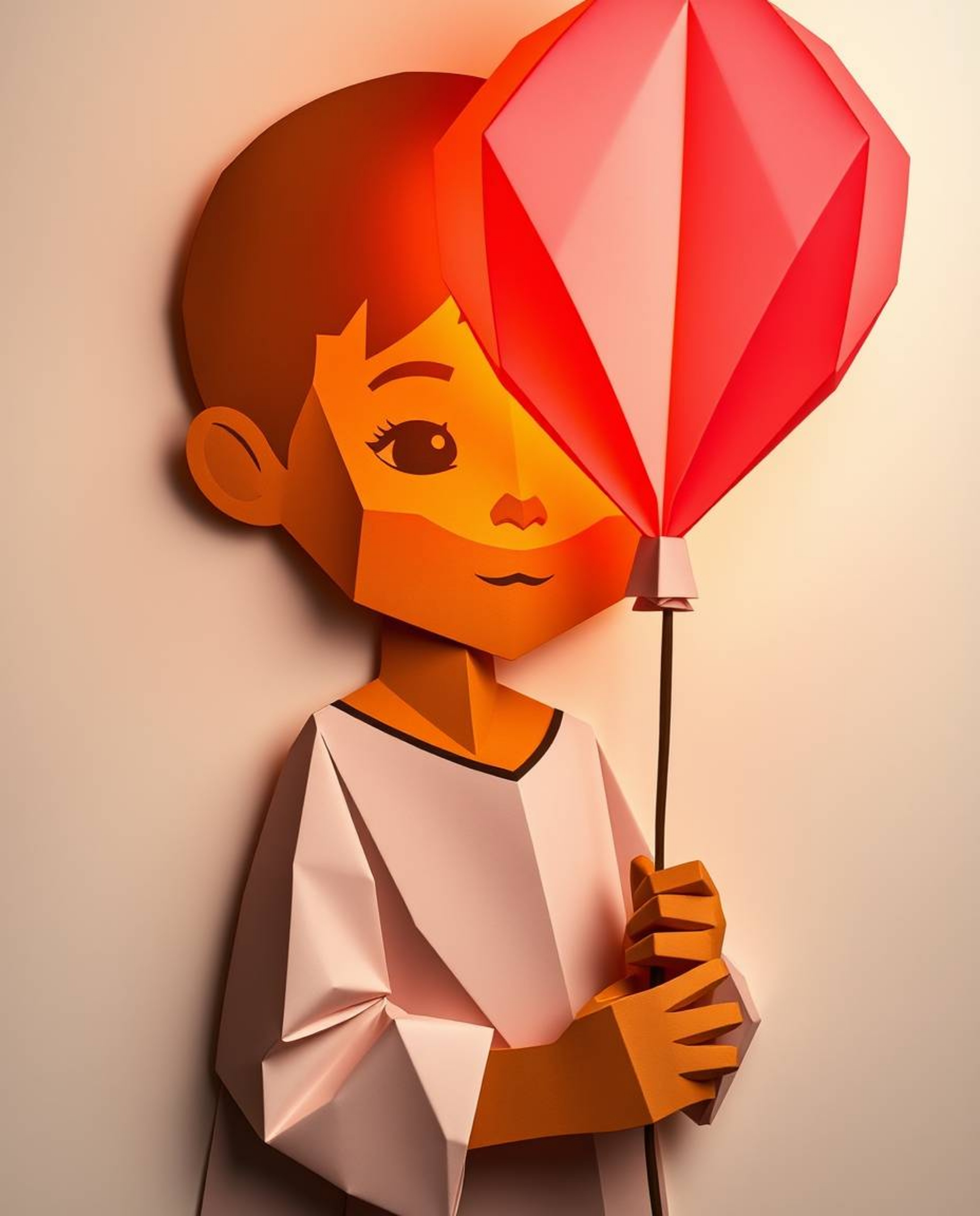 A captivating image showcases an intricate origami-style portrait of a tan-skinned child gently holding a balloon.  Rendered 