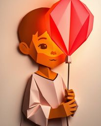 A captivating image showcases an intricate origami-style portrait of a tan-skinned child gently holding a balloon.  Rendered 