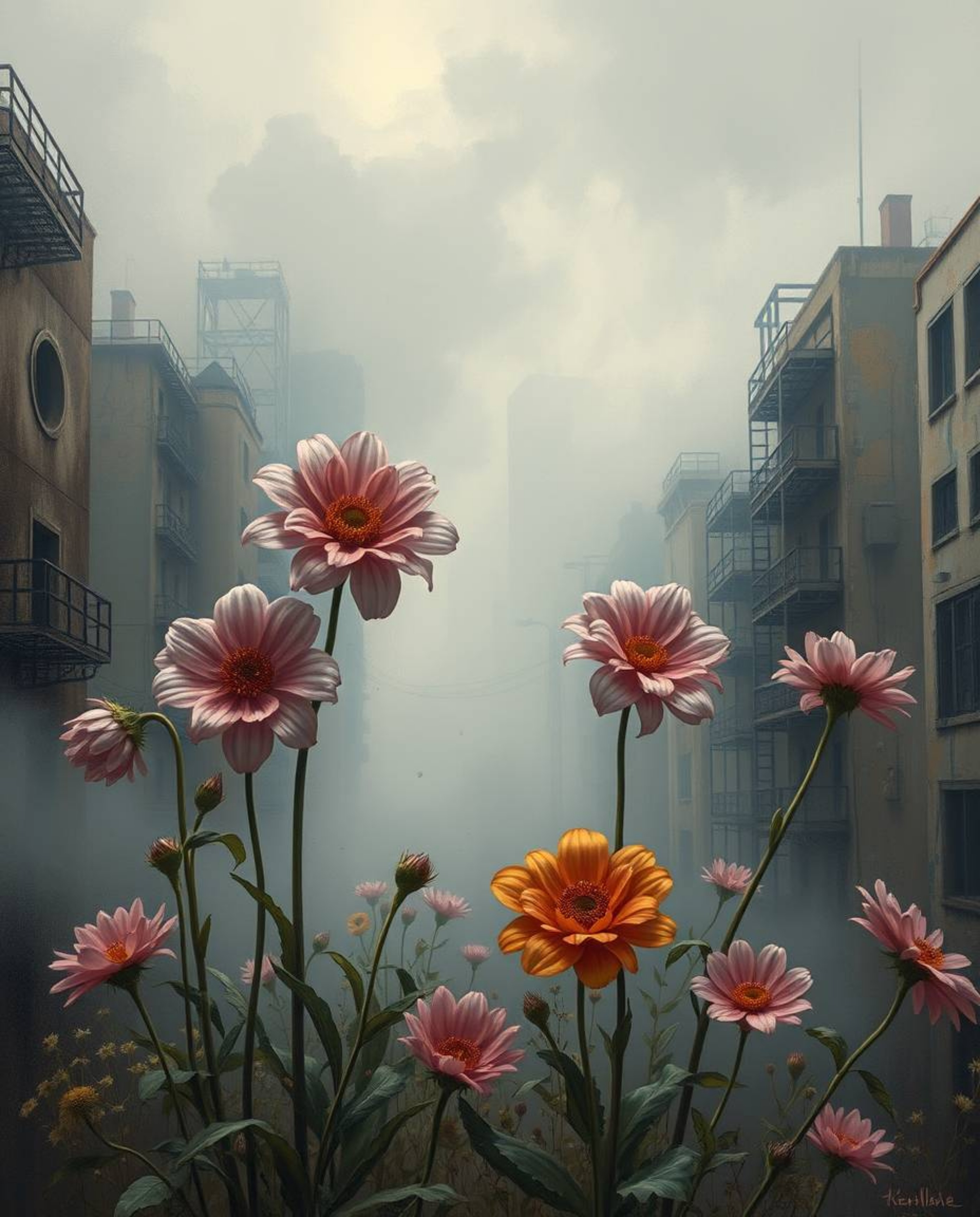 Vivid oil painting style captures the surreal beauty of flowers blooming amidst the ruins of a post-apocalyptic city.  Thick 
