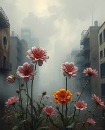 Vivid oil painting style captures the surreal beauty of flowers blooming amidst the ruins of a post-apocalyptic city.  Thick 