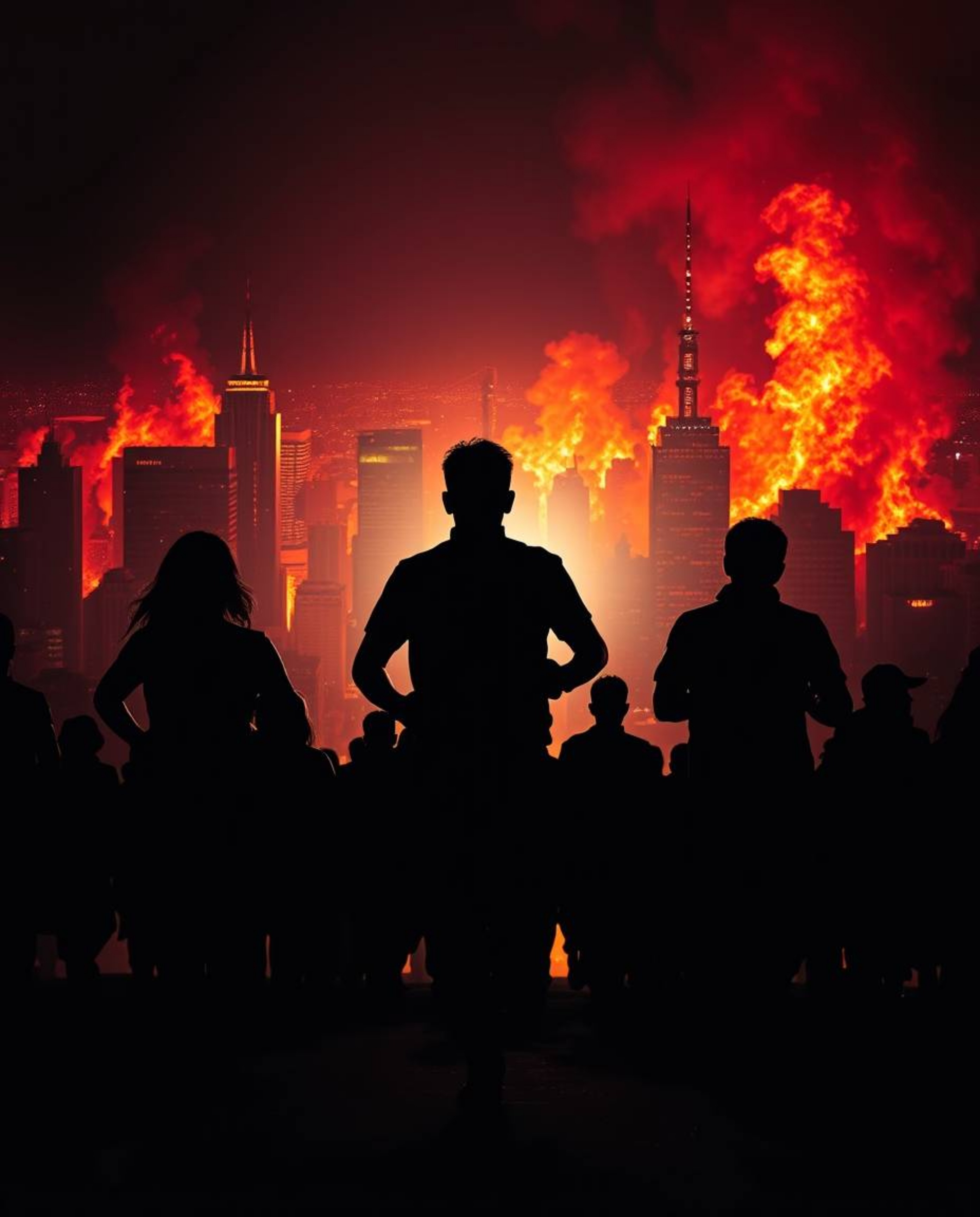 A vibrant city engulfed in flames creates a dramatic backdrop for silhouetted figures running in all directions. The backligh