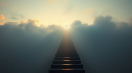 A mesmerizing fine art photograph capturing steps of light ascending into a cloudy sky, with ethereal angelic figures gracing