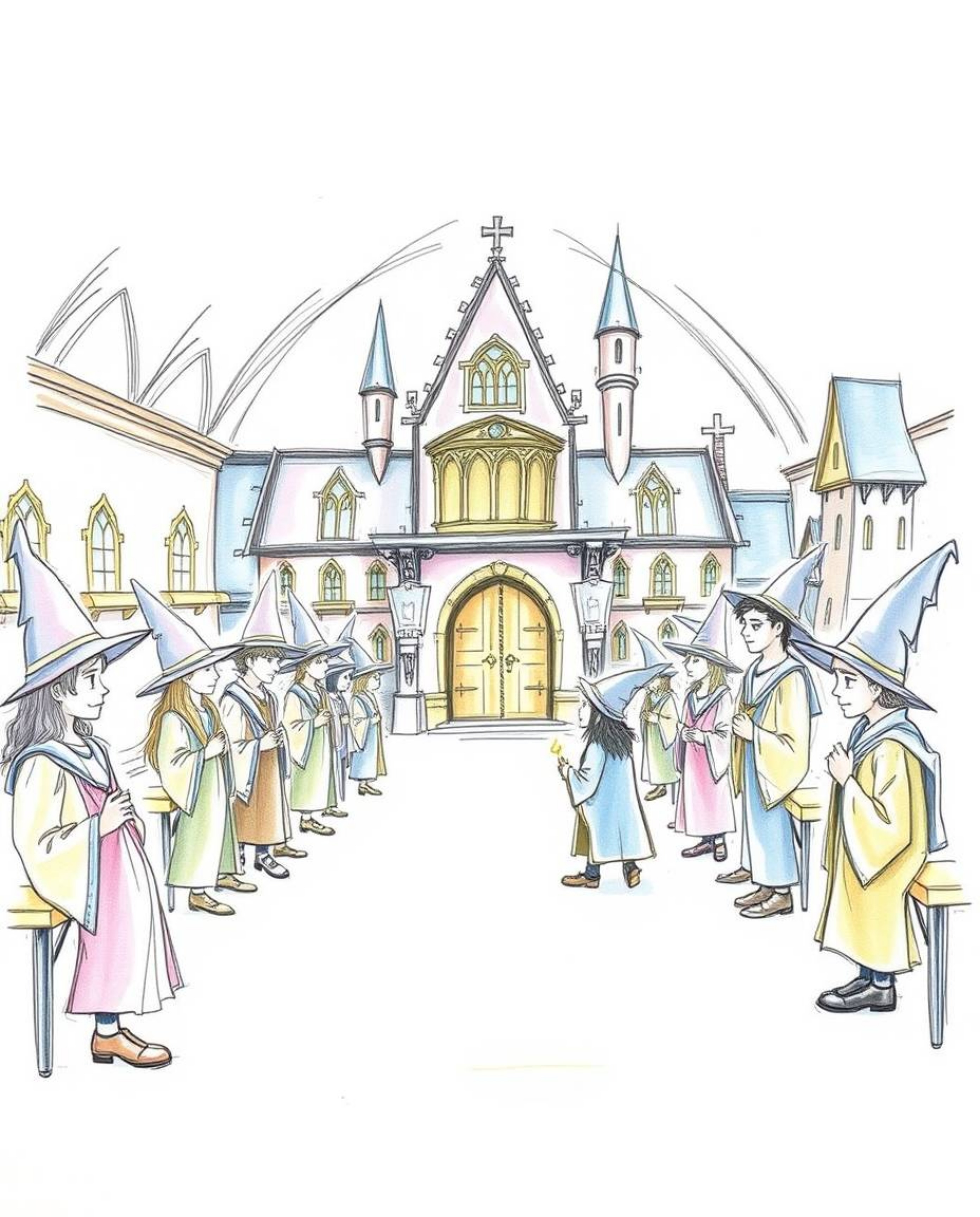 Explore a hand-drawn sketch of a magical school brimming with young wizards, rendered in soft pastel colors and enhanced by v