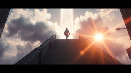 This captivating street photograph captures a lone figure's ascent up a weathered stone staircase, bathed in a divine beam of