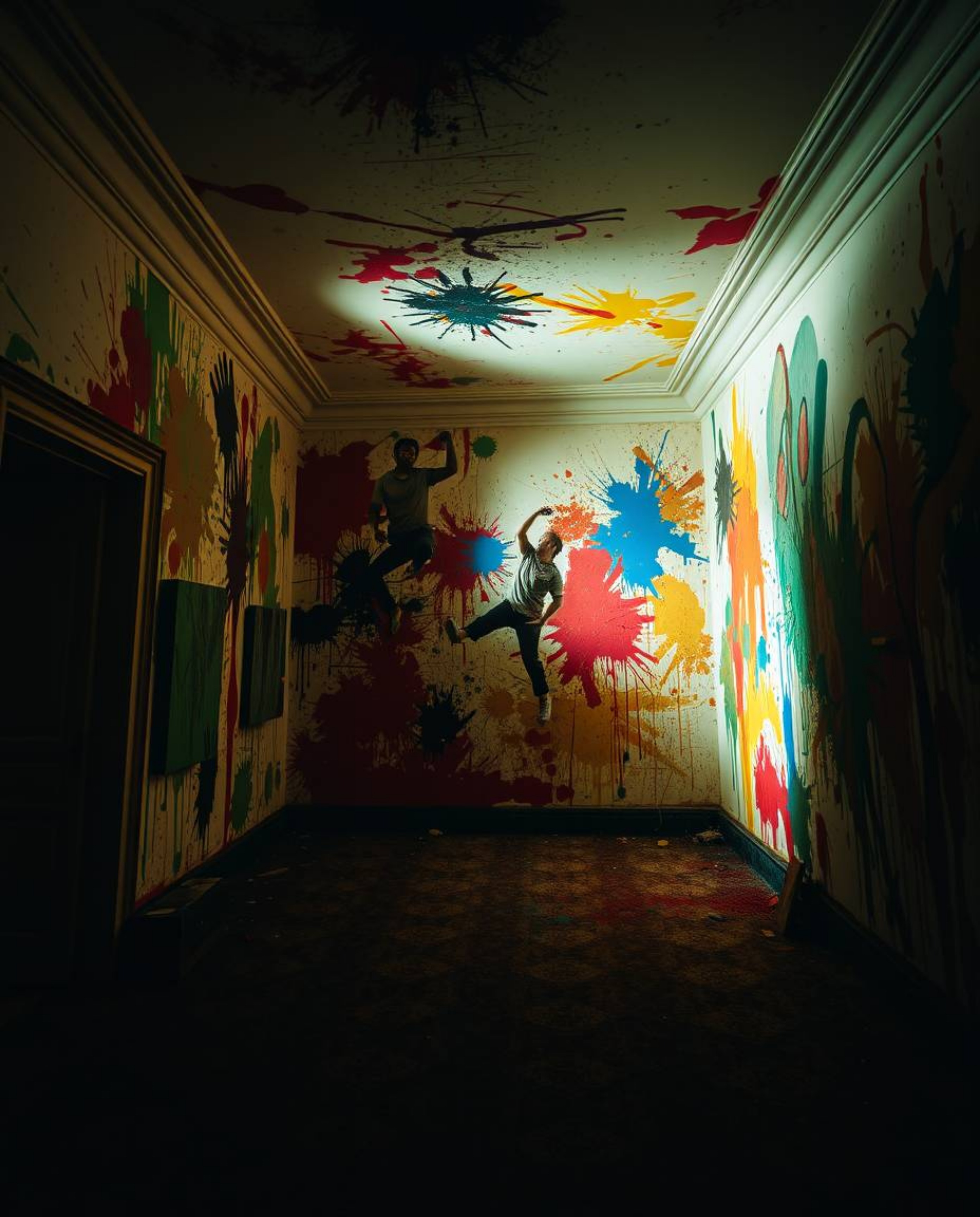 Experience the raw energy of a room exploding with paint, captured with intense dramatic lighting and high contrast to create