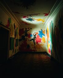 Experience the raw energy of a room exploding with paint, captured with intense dramatic lighting and high contrast to create