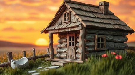 This charming layered papier-mâché artwork depicts an old wooden cabin bathed in the warm glow of sunset. The sculpted and te
