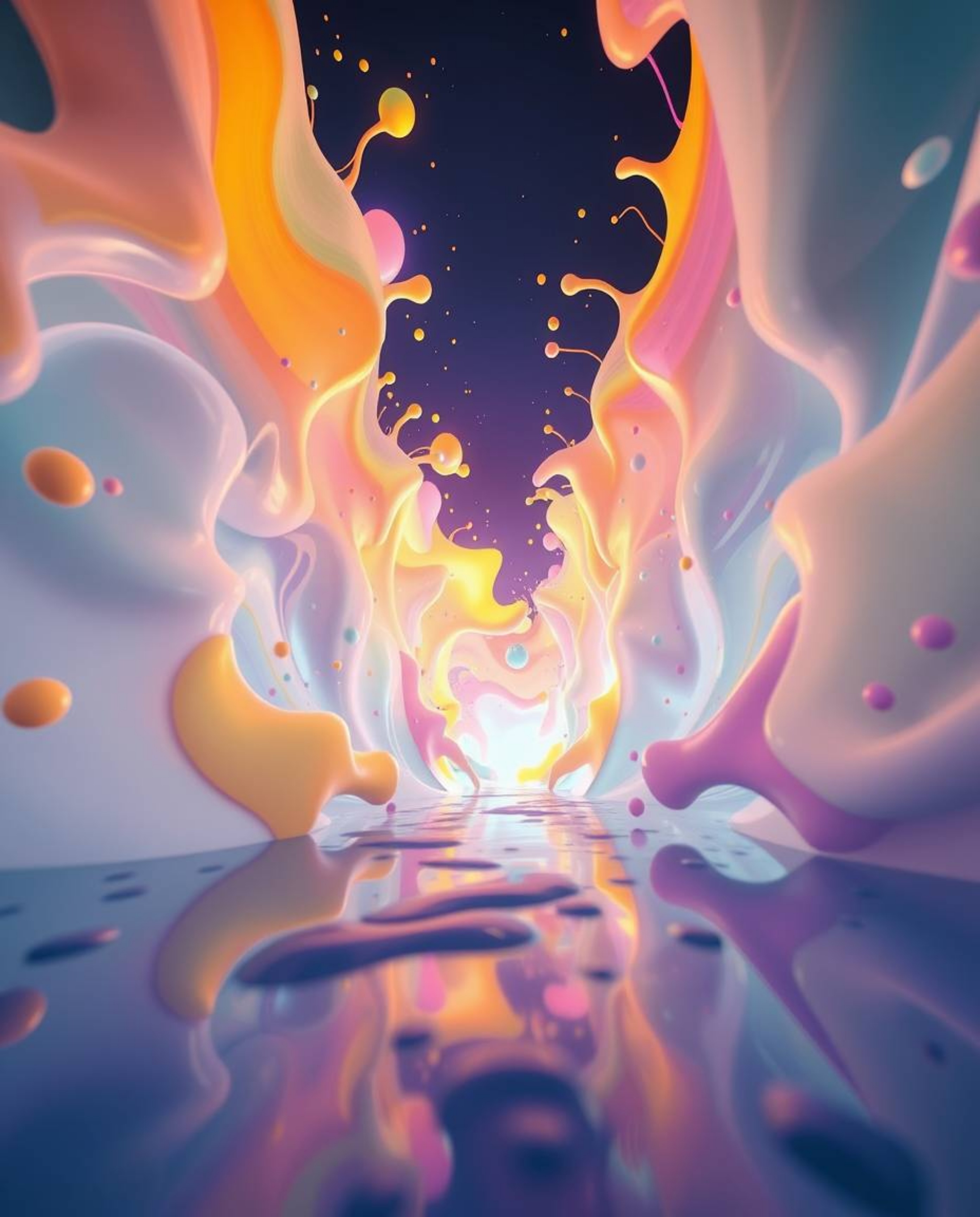 Explore a captivating abstract 3D world filled with colorful splash shapes floating in a mystic and surreal digital space. Th