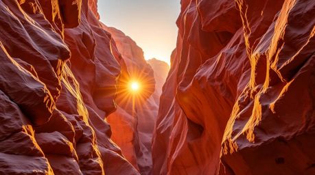 A radiant and luxurious image showcases a rocky canyon bathed in warm sunset hues.  The scene exudes grace and elegance, feat