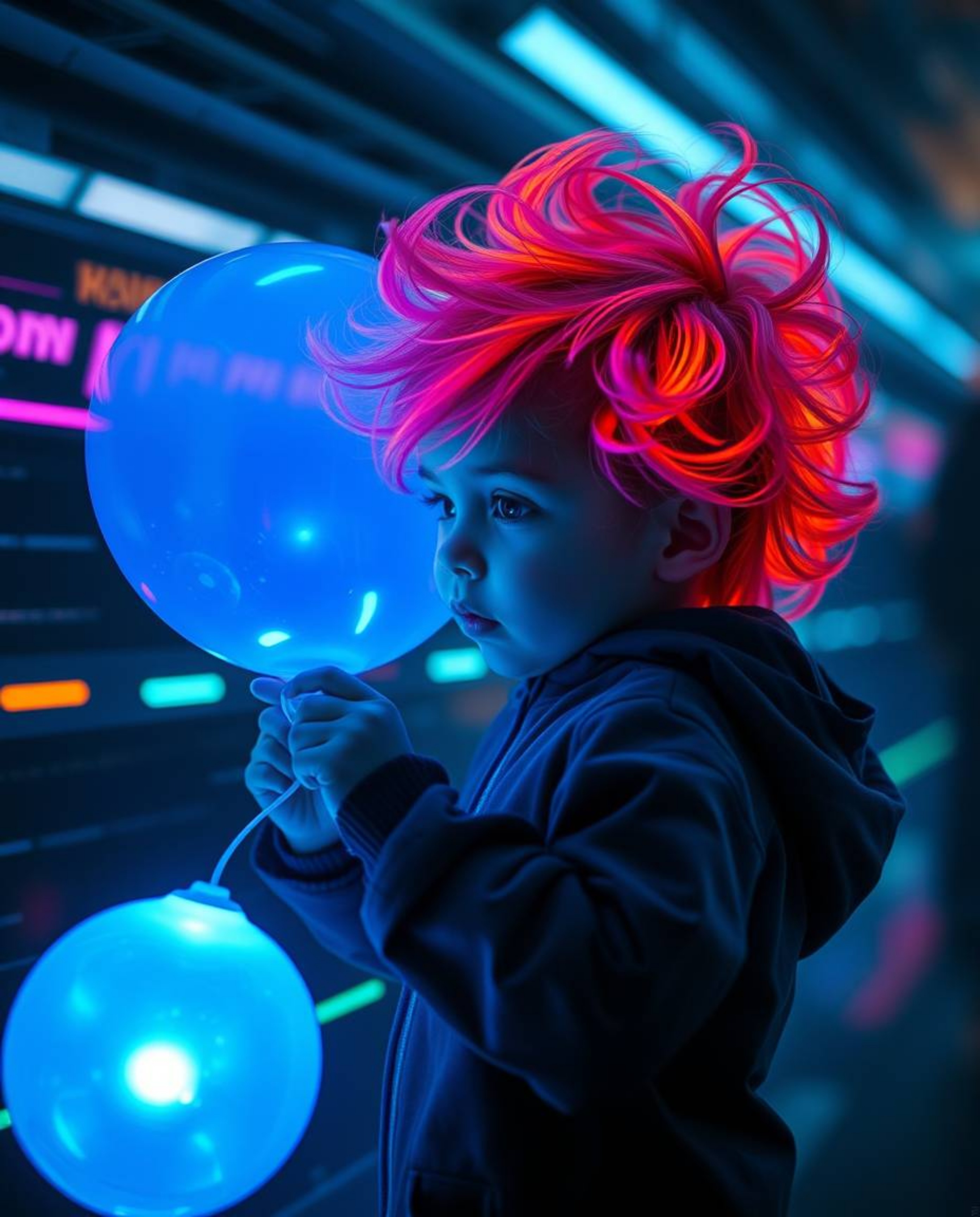 Immerse yourself in a futuristic sci-fi world with glowing bioluminescent colors. This image captures a child with vibrant ha