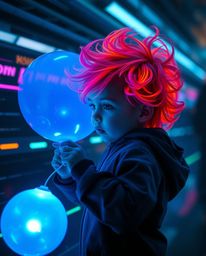 Immerse yourself in a futuristic sci-fi world with glowing bioluminescent colors. This image captures a child with vibrant ha