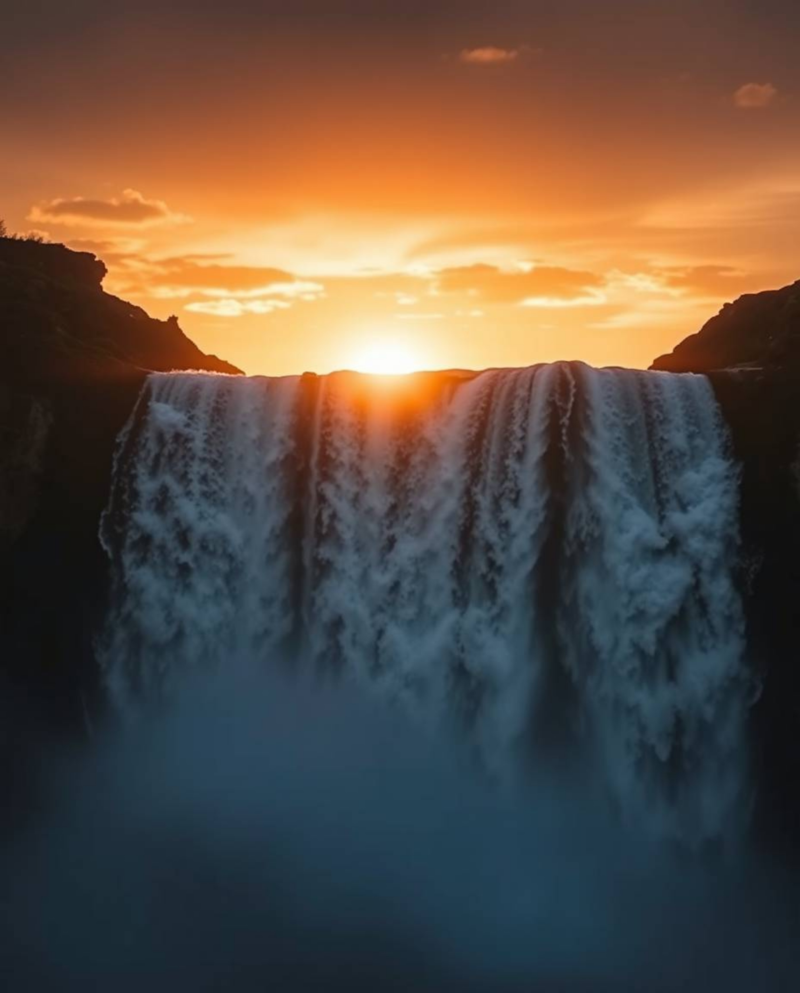 A strong, moody style professional photograph of a sun setting behind a dramatic waterfall. This image, of 'Photo Of The Year