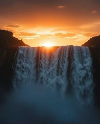A strong, moody style professional photograph of a sun setting behind a dramatic waterfall. This image, of 'Photo Of The Year