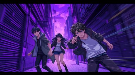 Experience a dynamic and rebellious scene set in a grungy city alley, inspired by the Isekai anime style. Featuring rebelliou