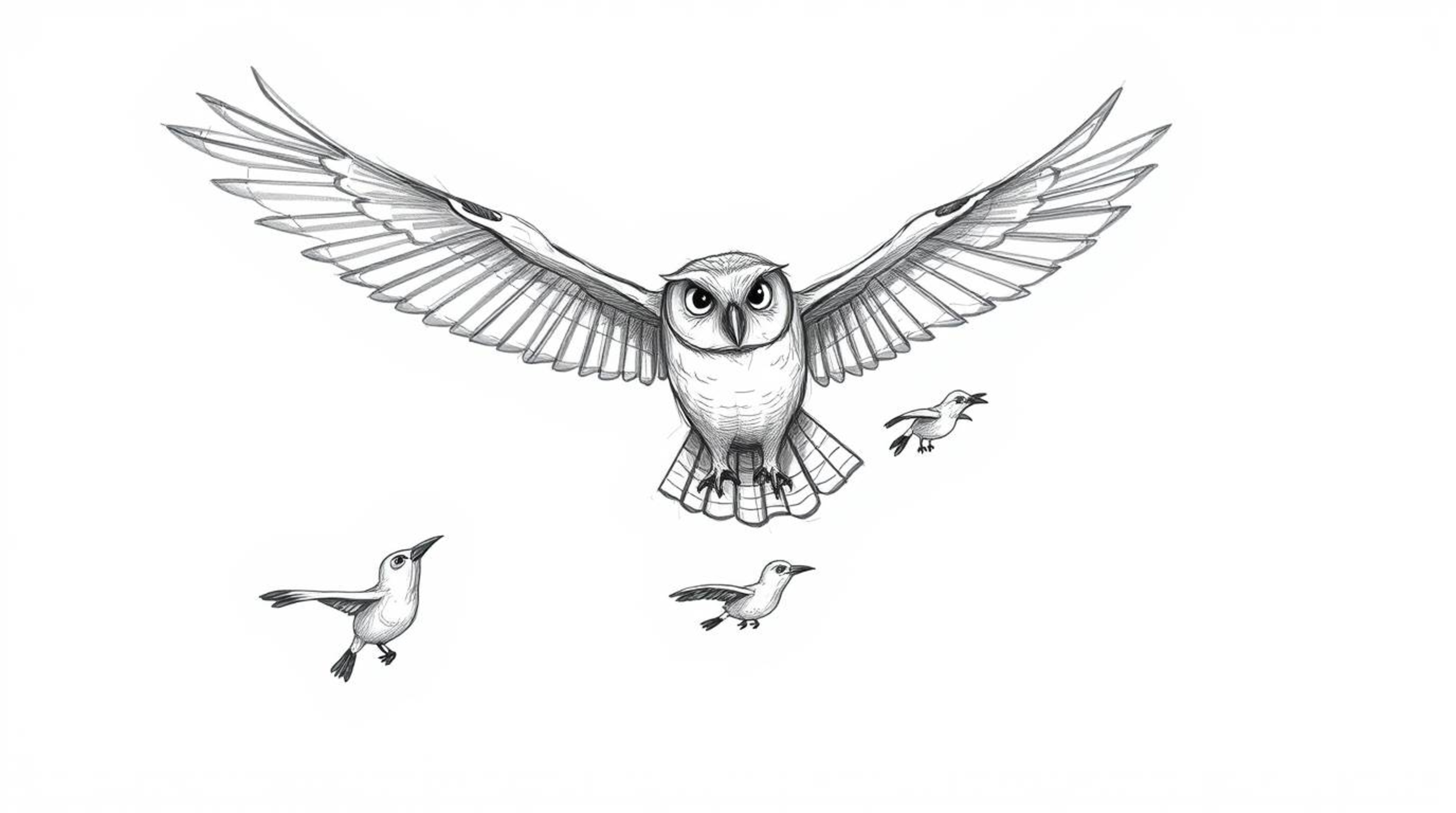 A heartwarming hand-drawn sketch in the style of Pixar showcases a blind owl gracefully teaching several birds how to fly. Th