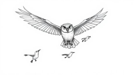 A heartwarming hand-drawn sketch in the style of Pixar showcases a blind owl gracefully teaching several birds how to fly. Th
