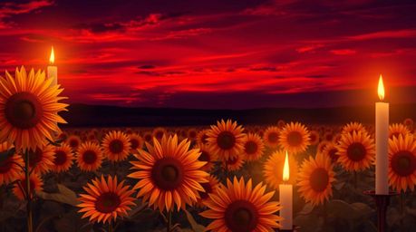 Immerse yourself in a captivating scene of a graceful sunflower field bathed under a deep red and purple sky. Warm candleligh