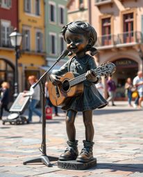 This cast bronze sculpture captures an adorable and cute musical number taking place in a bright town square. The sculpture's