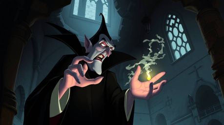 A digital painting depicting a classic Disney villain with sharp features and pale skin, casting a spell within a crumbling g