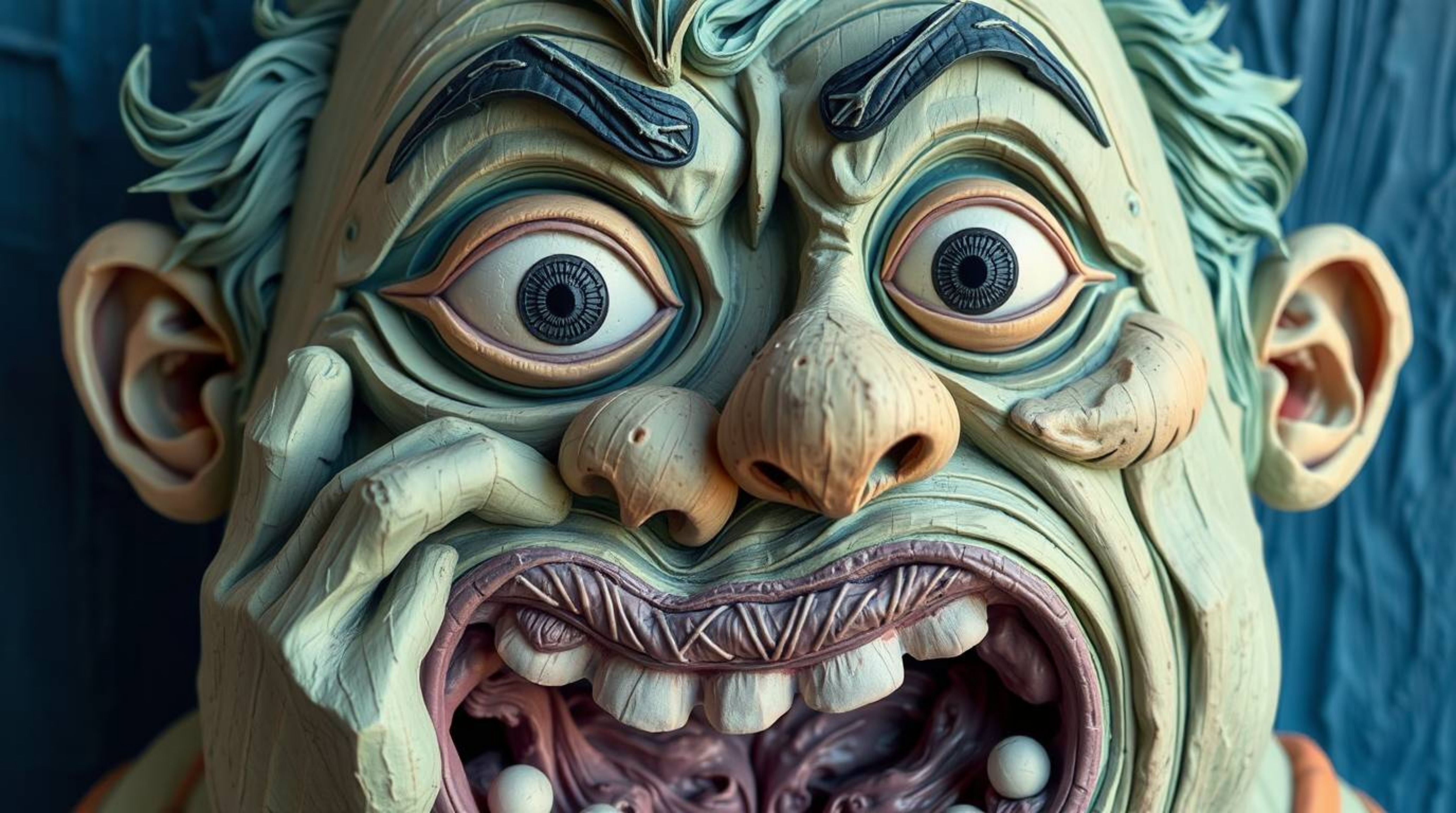 This cool-colored layered papier-mâché artwork captures a sculpted gross-out comedy moment with exaggerated expressions. The 