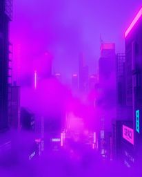 Immerse yourself in a futuristic cityscape bathed in deep ultraviolet hues and obscured by thick fog.  Colorful neon splashes