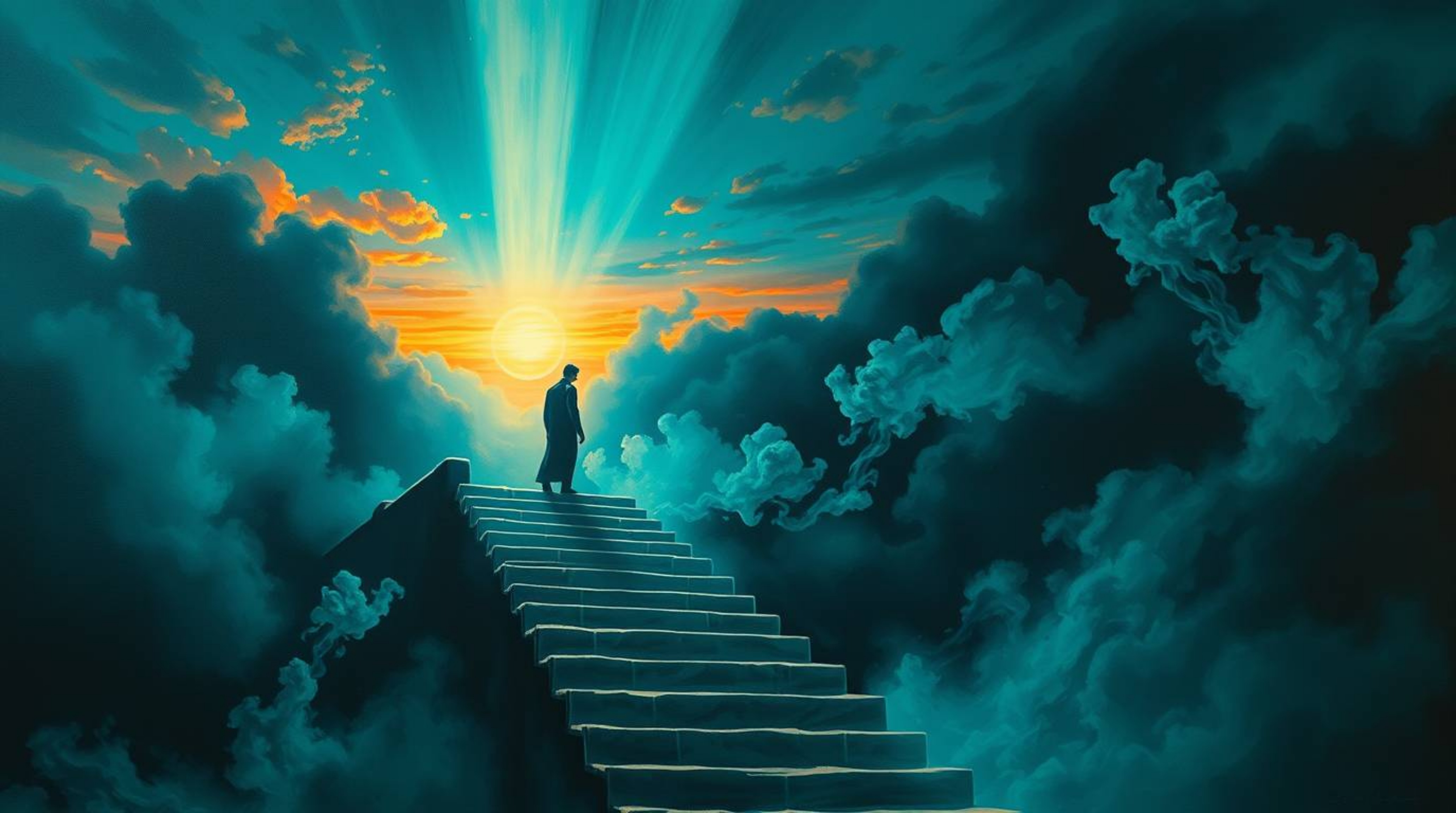 A captivating painting featuring a lone figure ascending a stone staircase bathed in a rich, deep teal hue, leading towards a