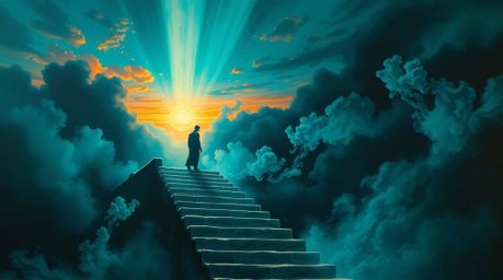A captivating painting featuring a lone figure ascending a stone staircase bathed in a rich, deep teal hue, leading towards a