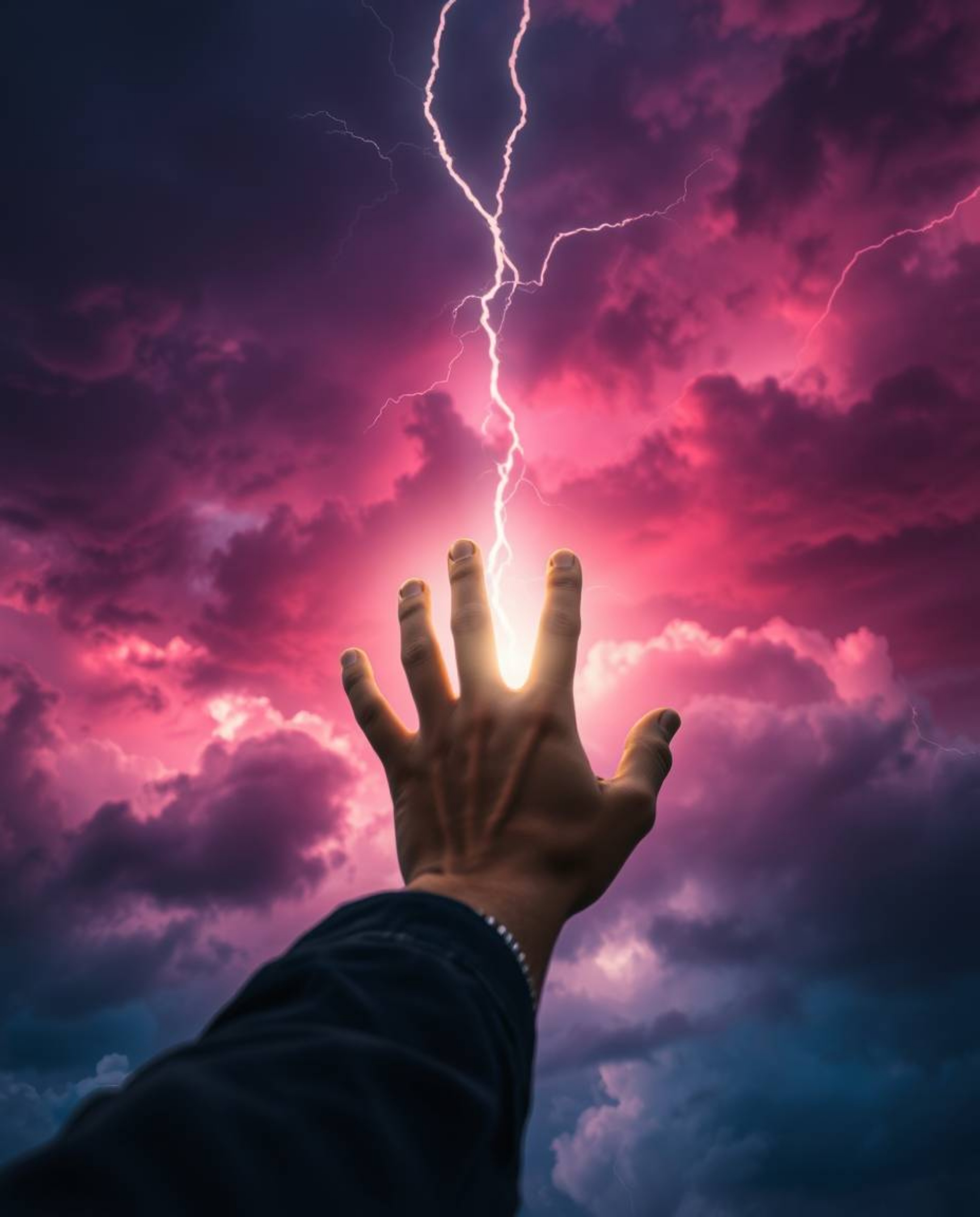 A captivating image depicting a hand reaching towards a light source emerging from darkness.  The scene is vibrant with inten