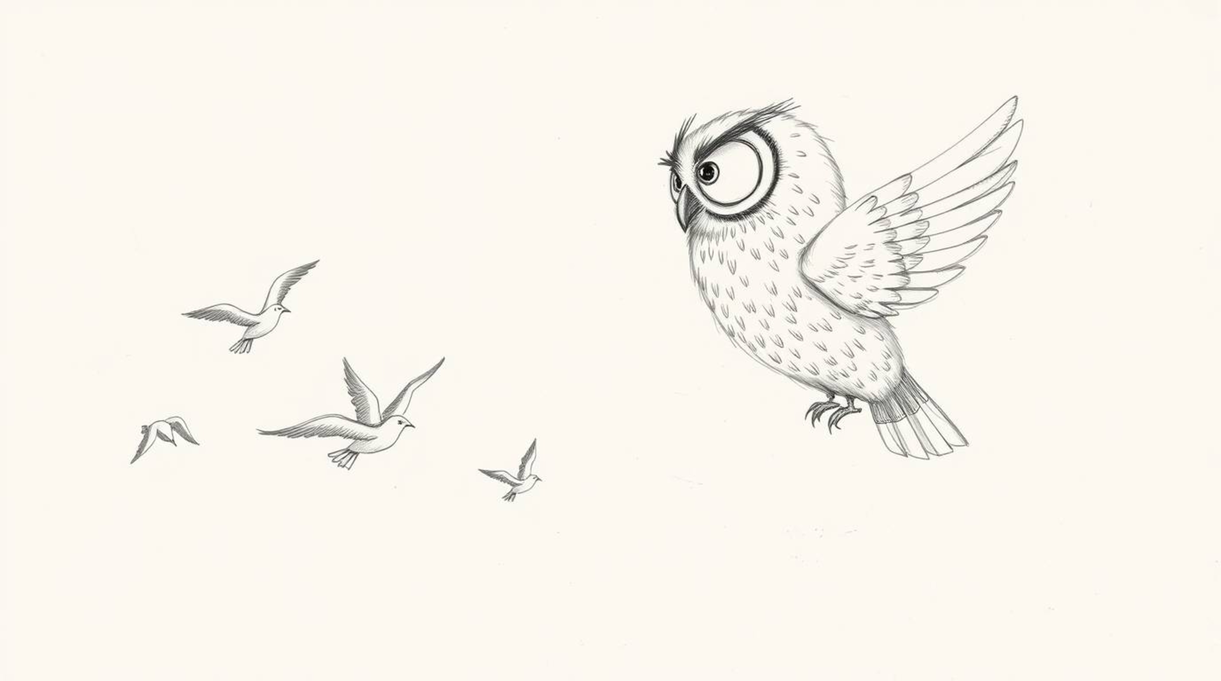 A heartwarming hand-drawn sketch reminiscent of Pixar, showcases a blind owl with intricately detailed feathers, conveying wi