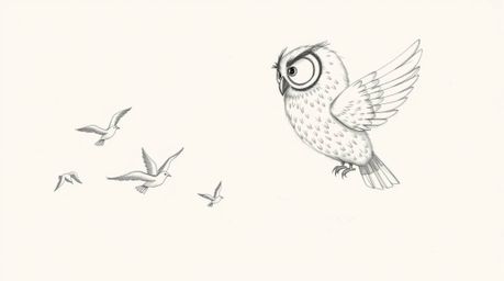 A heartwarming hand-drawn sketch reminiscent of Pixar, showcases a blind owl with intricately detailed feathers, conveying wi