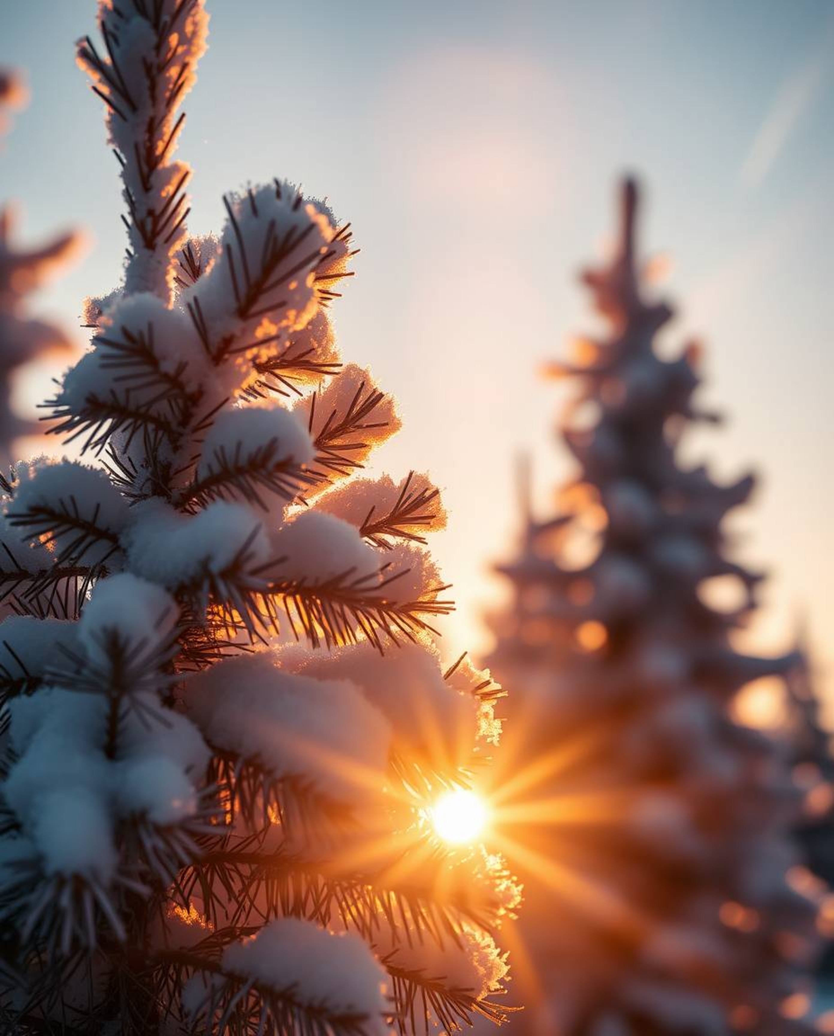 An extreme macro close-up photograph of sunset light sparkling on snowy pine trees. Volumetric lighting shows light beams thr