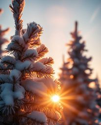 An extreme macro close-up photograph of sunset light sparkling on snowy pine trees. Volumetric lighting shows light beams thr