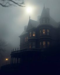 A captivating photograph showcasing a fog-covered Victorian mansion bathed in soft moonlight. The sharp focus on the mansion 