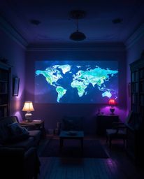 Immerse yourself in a dreamy atmosphere with this captivating image of a glowing map projected in an old study. The soft ligh