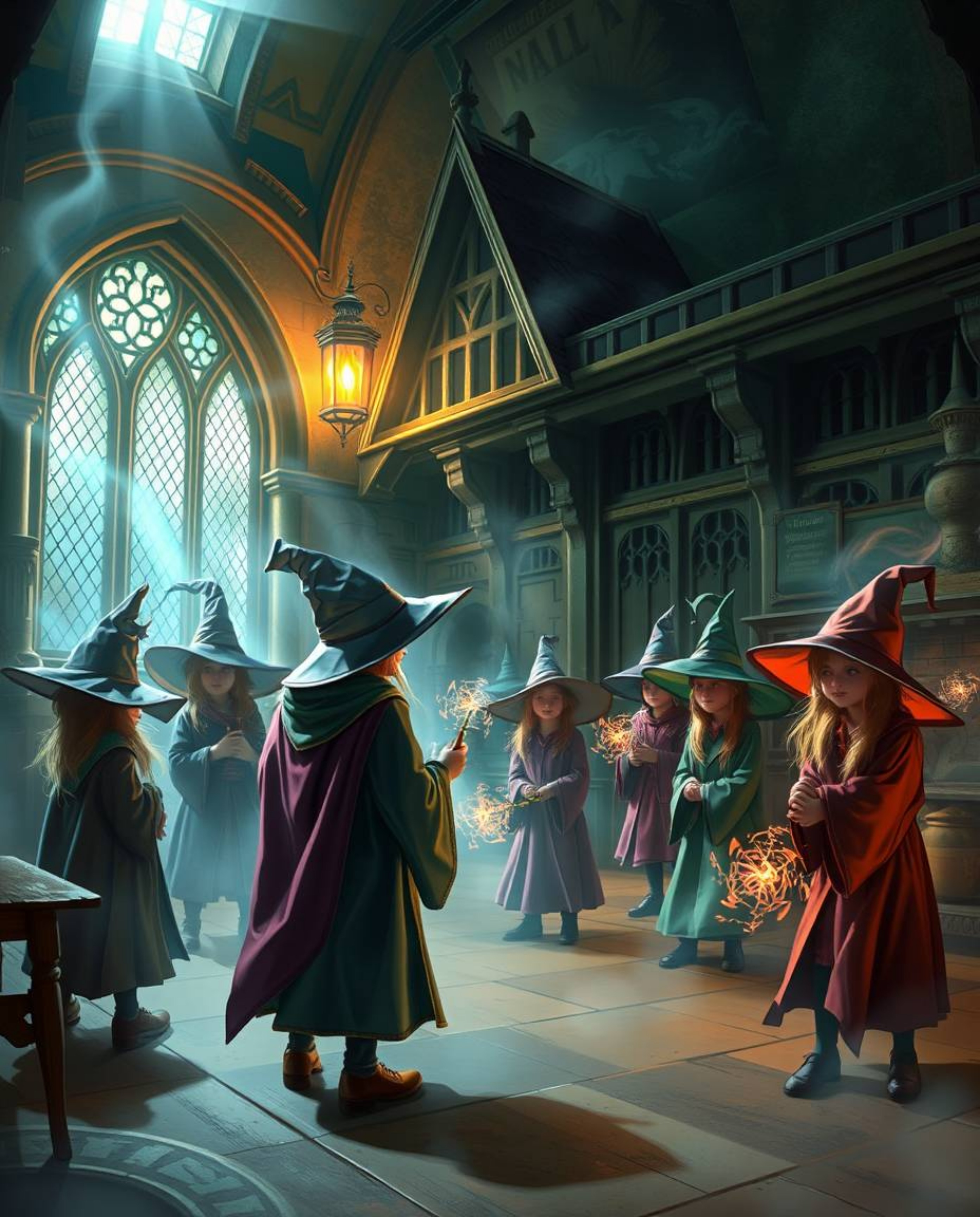 Step into a magical school filled with young wizards, bathed in soft lighting and gentle color contrasts.  Experience a dream