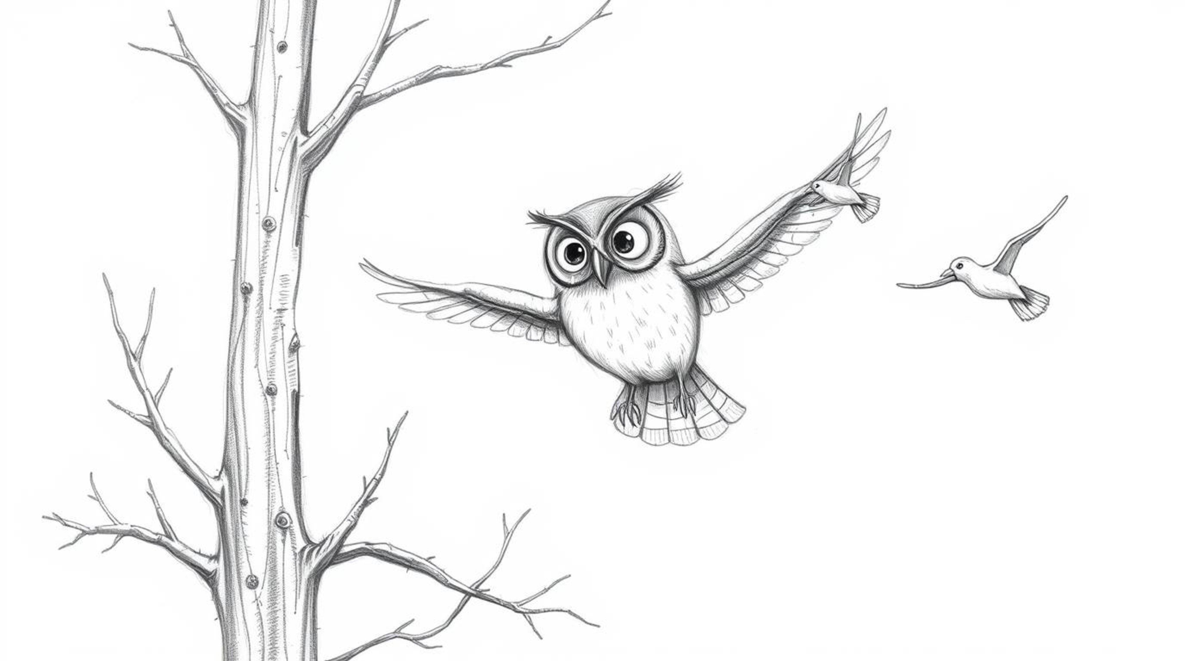 A whimsical pencil sketch, rendered in a Pixar-esque style, depicts a wise-looking blind owl gracefully gliding between trees