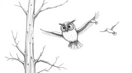 A whimsical pencil sketch, rendered in a Pixar-esque style, depicts a wise-looking blind owl gracefully gliding between trees
